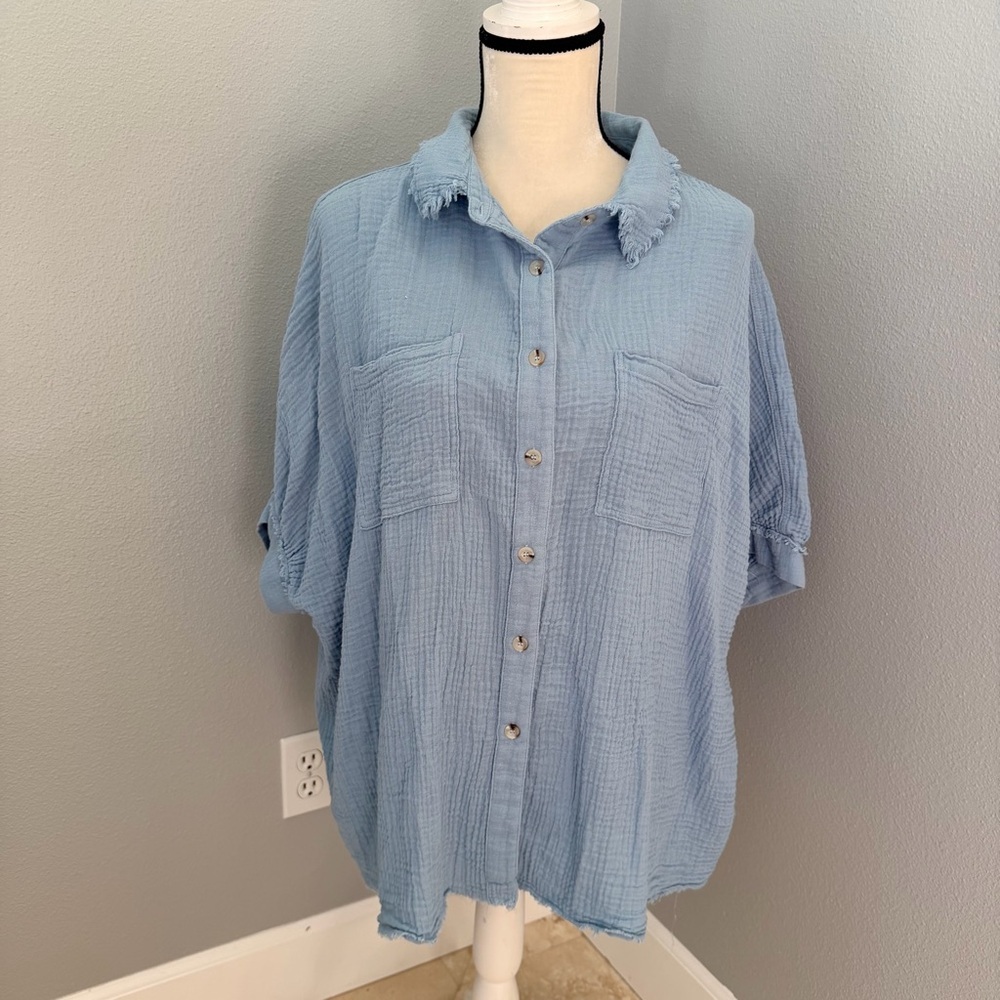LA MIEL Oversized Soft Blue Crinkle Gauze Textured Button-Down Shirt